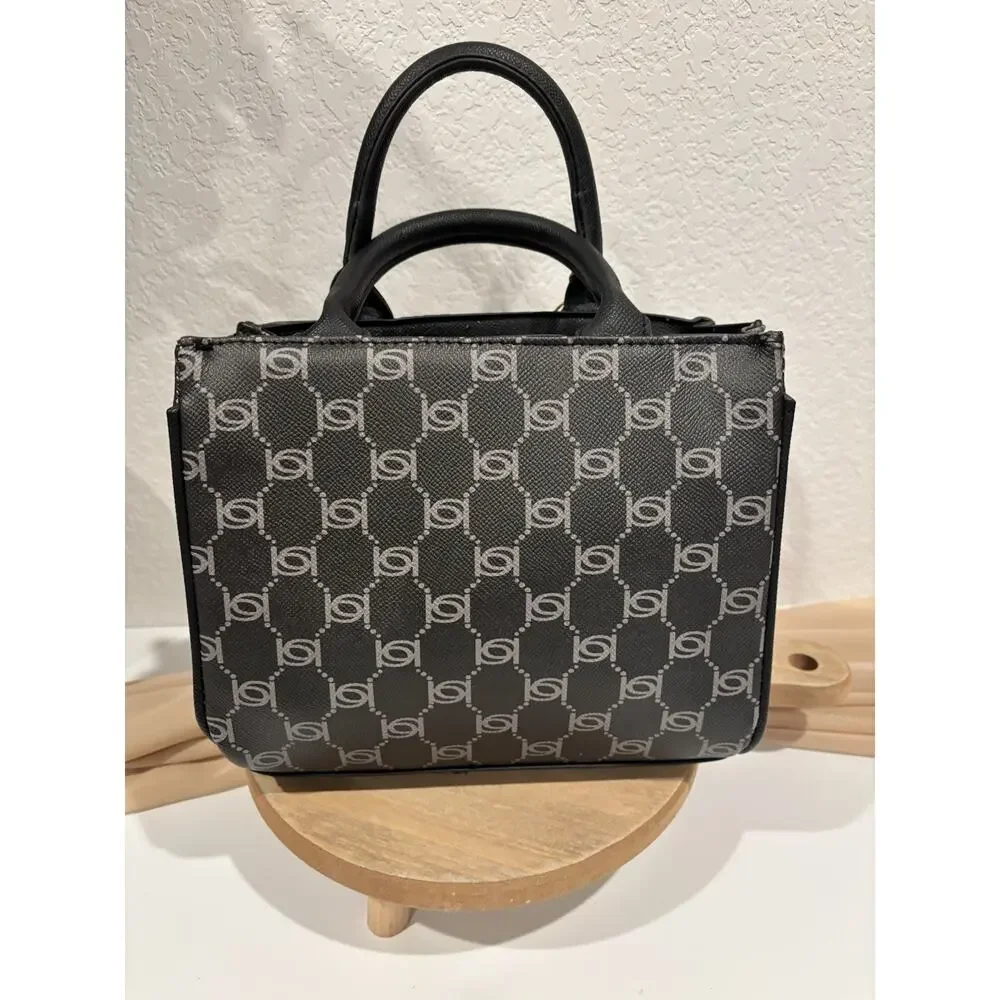bebe Black White Monogram Logo Small Satchel Top Handle Zip Detachable Strap
